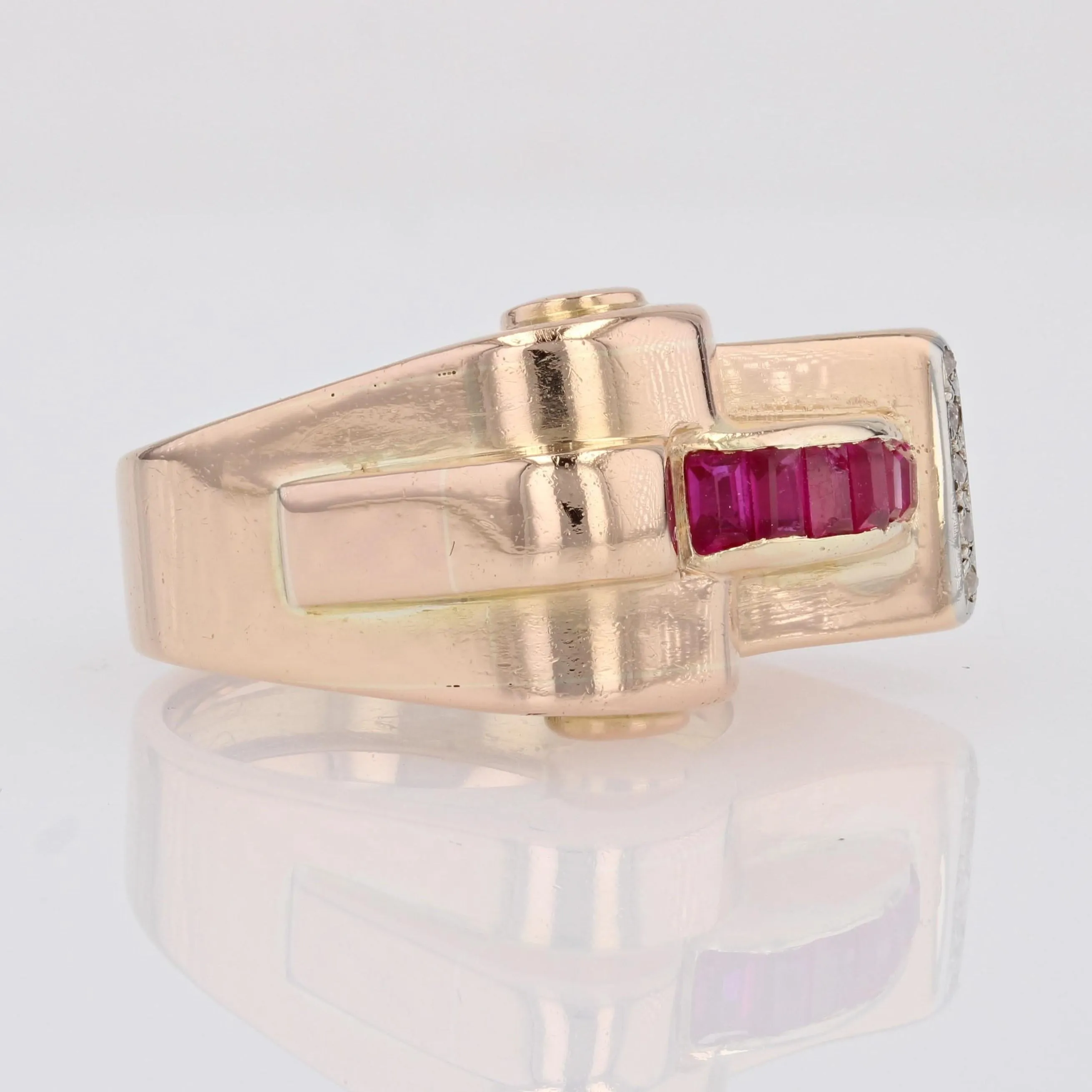 1940s Synthetic Rubies Diamonds 18 Karat Rose Gold Asymmetrical Tank Ring