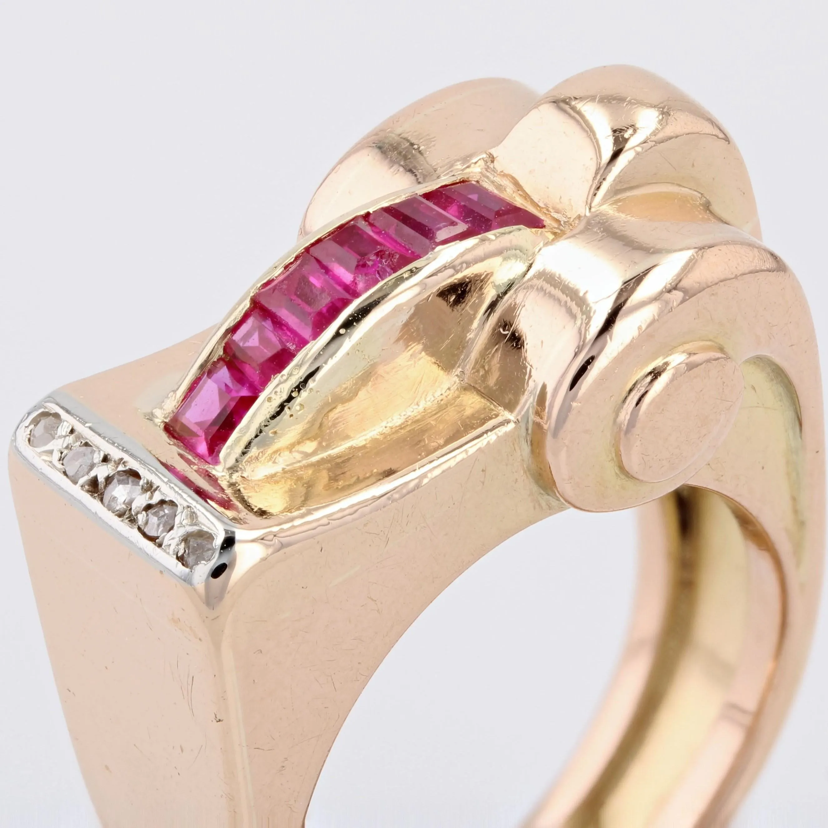 1940s Synthetic Rubies Diamonds 18 Karat Rose Gold Asymmetrical Tank Ring