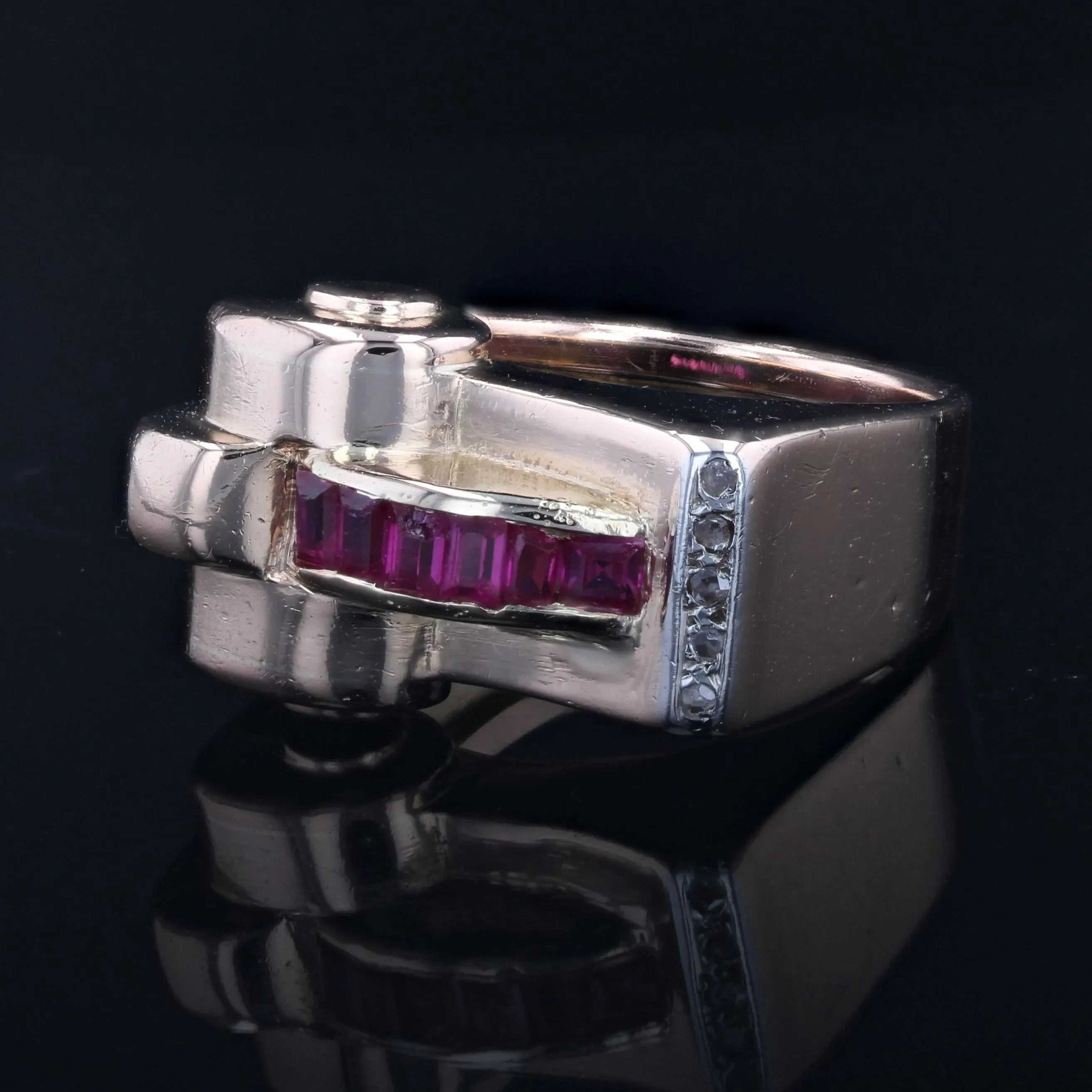 1940s Synthetic Rubies Diamonds 18 Karat Rose Gold Asymmetrical Tank Ring