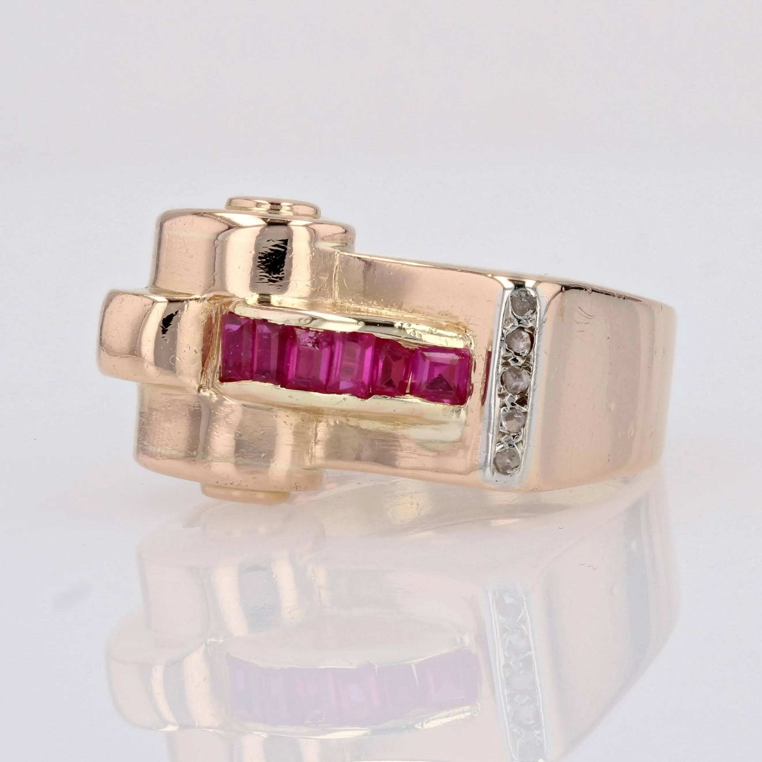 1940s Synthetic Rubies Diamonds 18 Karat Rose Gold Asymmetrical Tank Ring