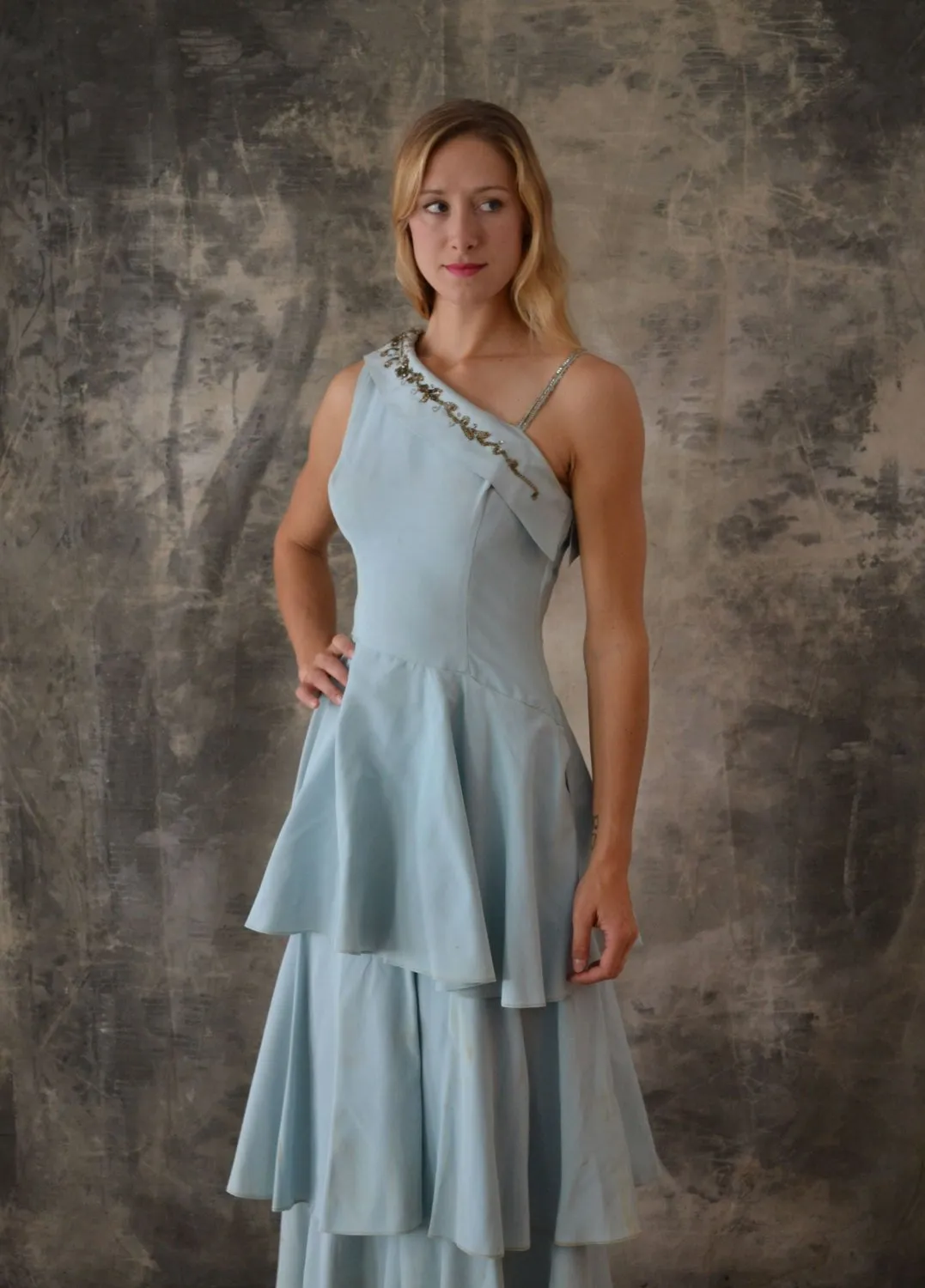 1950s Tiered Blue Party Dress