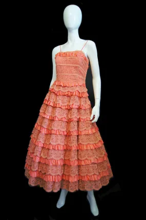 1950s Tiered Lace Coral Dress