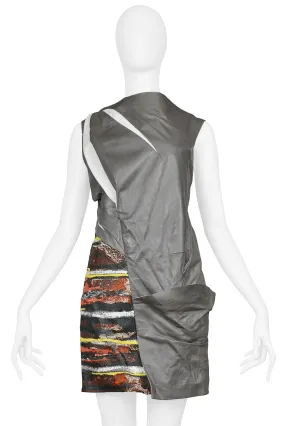 BALENCIAGA FUTURISTIC GREY LEATHER & PRINT DRESS 2010