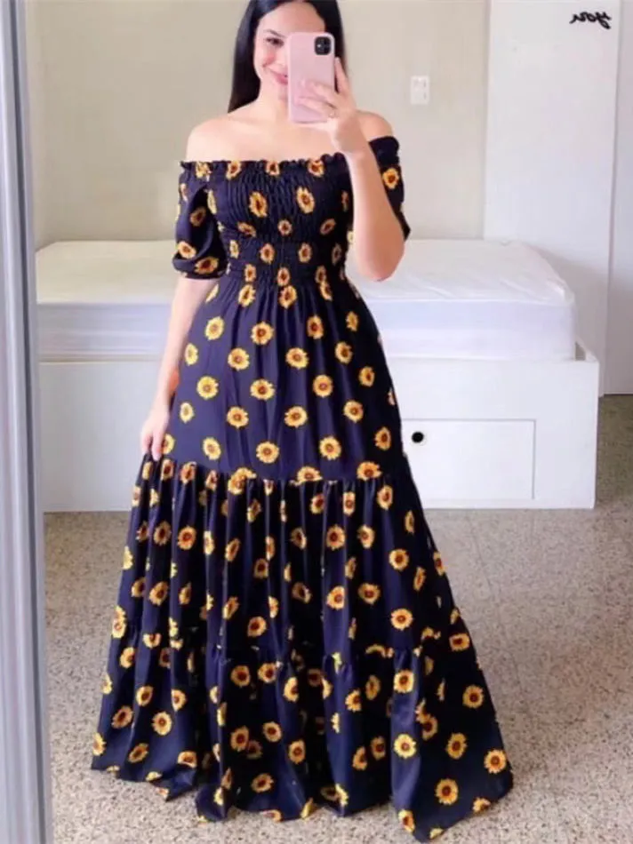 BerryBetty - Blue Sunflower Print Short Sleeve Long Maxi Beach Dress