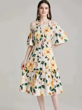 BerryBetty - Camellia Sling Elastic Waist Print Dress