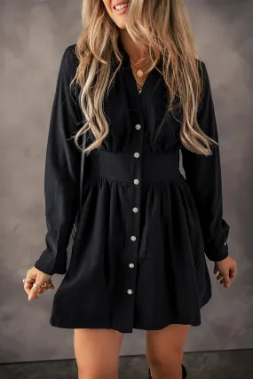 Black Elastic Cinched High Waist Long Sleeve Shirt Mini Dress