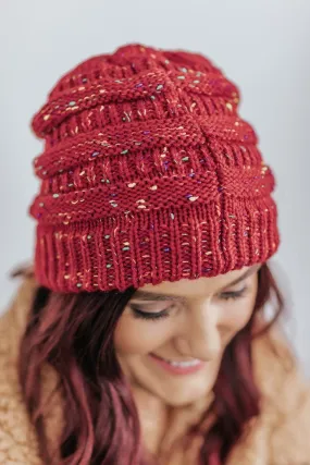 Breezy Weather Ahead Pony Tail Confetti Beanie in Burgundy