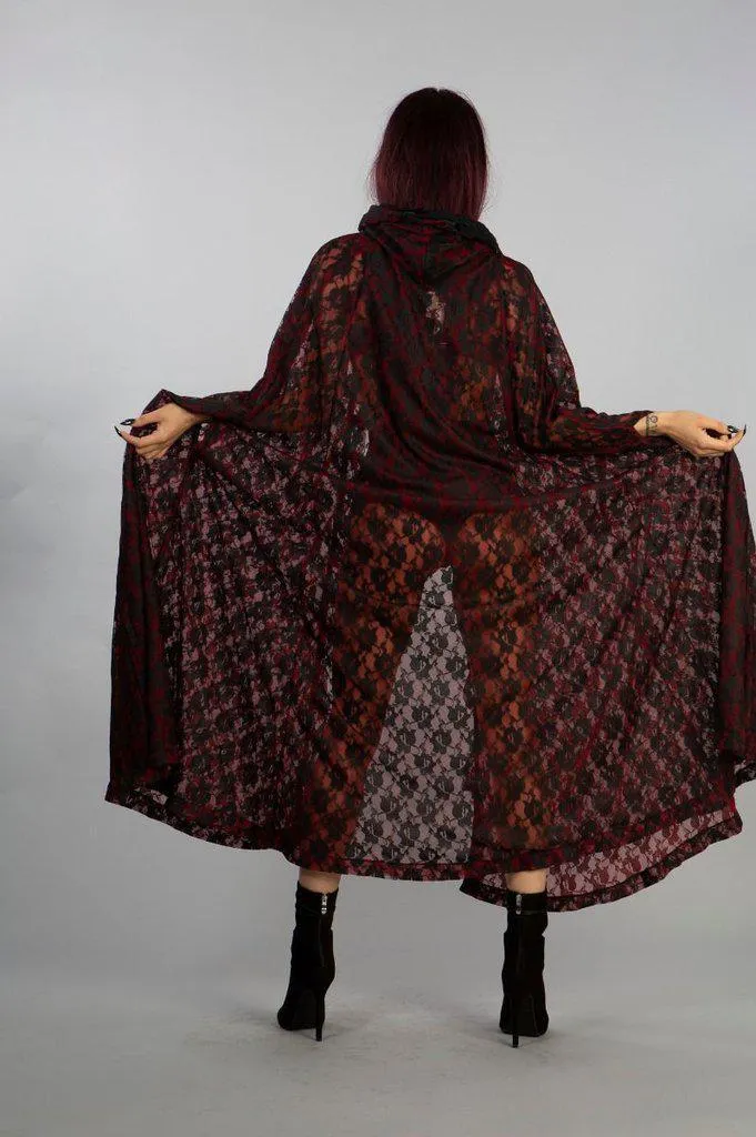 Cherryl Hooded Cape In Black Lace And Red Mesh Lining