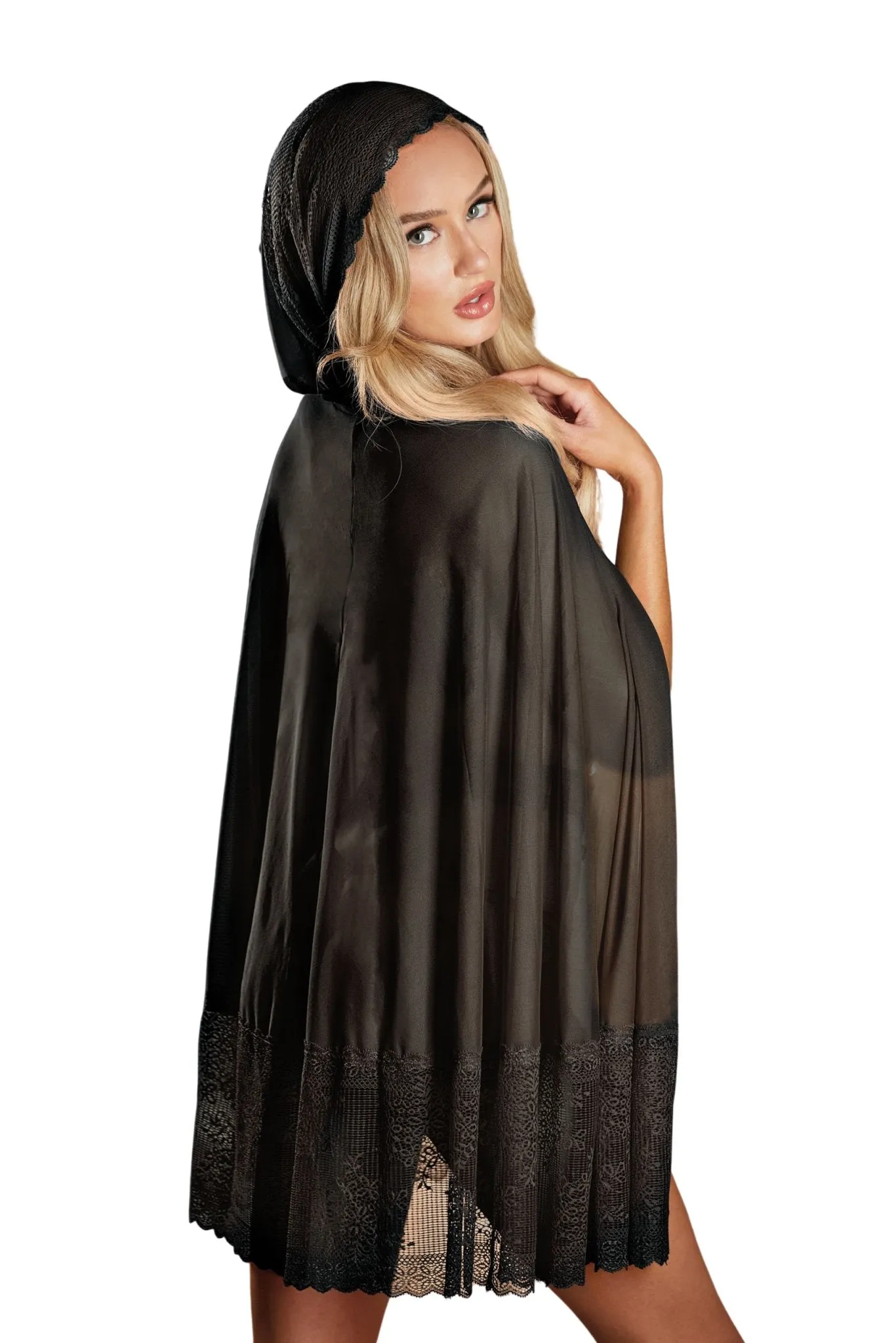 Elegant Lace Cape with Mesh Detailing & Waist Belt