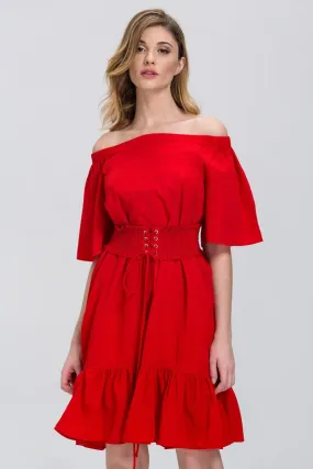 Fatima Almomen - Red Off the Shoulder Corset Belt Ruffled Hem Midi Dress