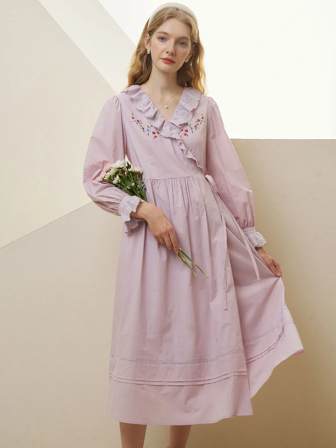 【Final Sale】Aubrie Floral Embroidery Lace Panel Cotton Dress