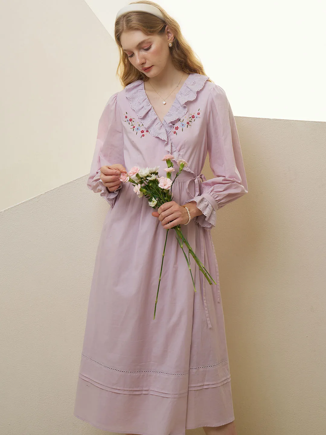 【Final Sale】Aubrie Floral Embroidery Lace Panel Cotton Dress