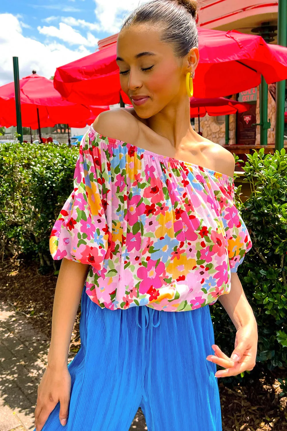 Floral Print Puff Sleeve Pleated Elastic Neckline Blouse