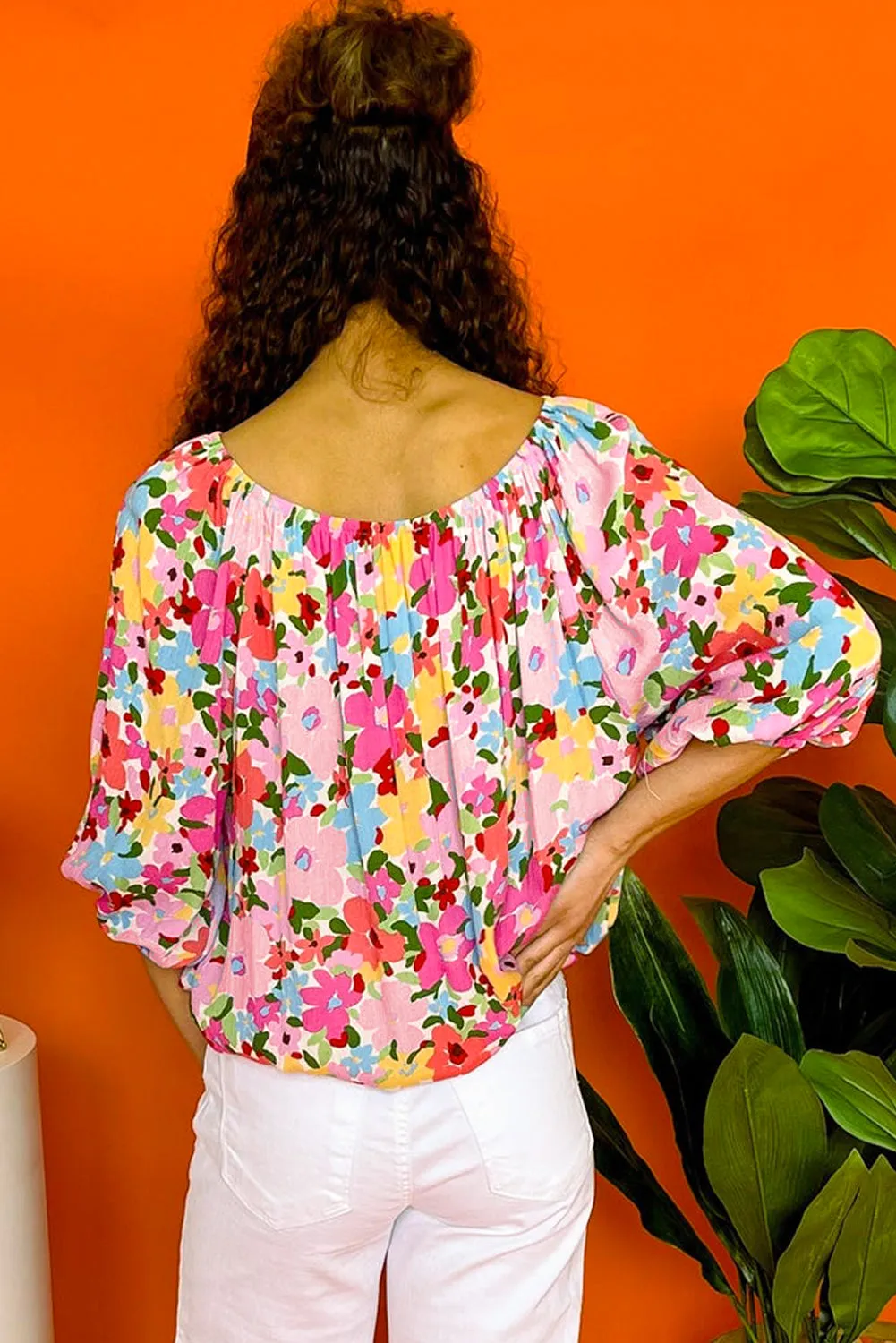 Floral Print Puff Sleeve Pleated Elastic Neckline Blouse