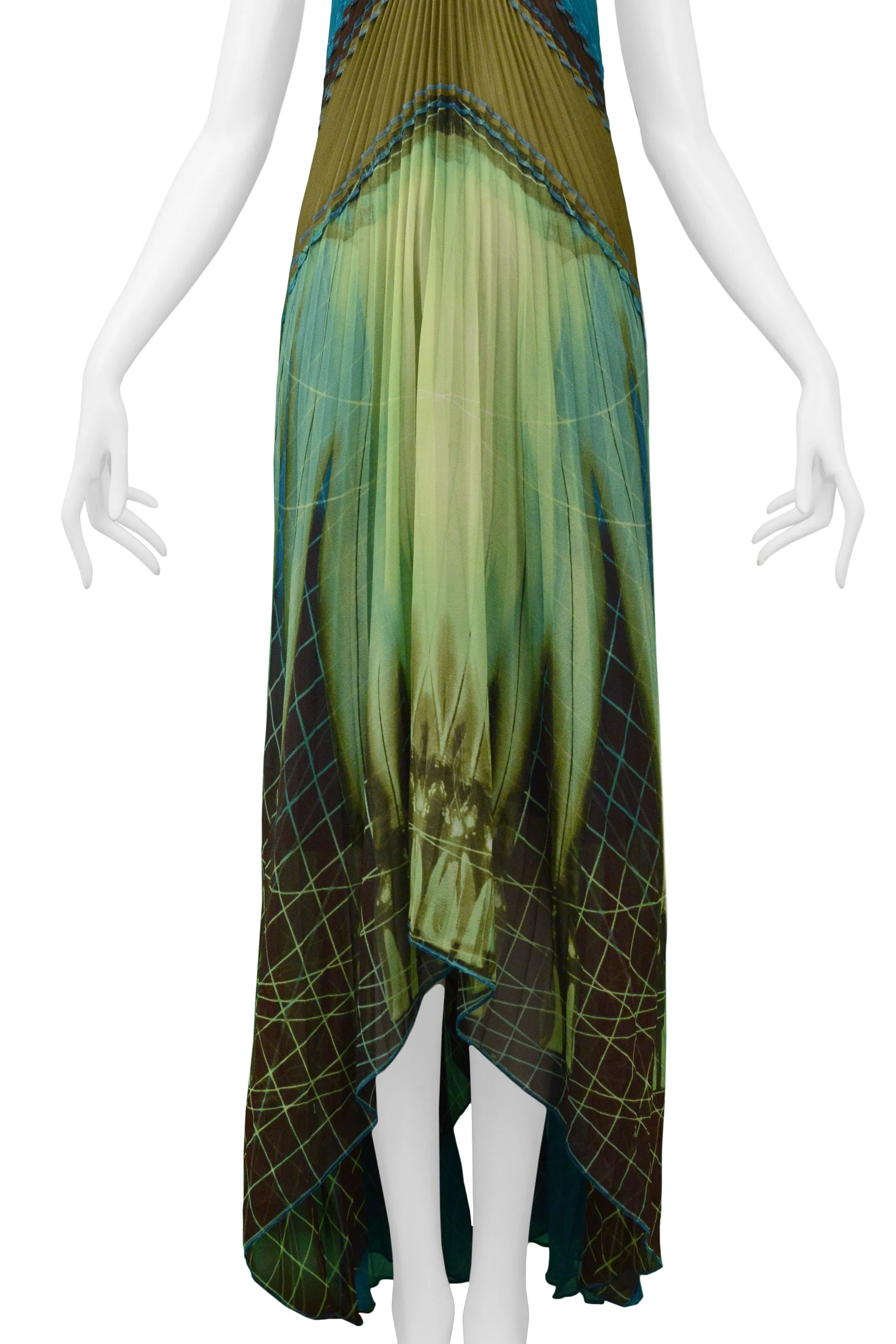 GAULTIER 2005 FUTURISTIC PLEATED HALTER GOWN WITH ACRYLIC COLLAR