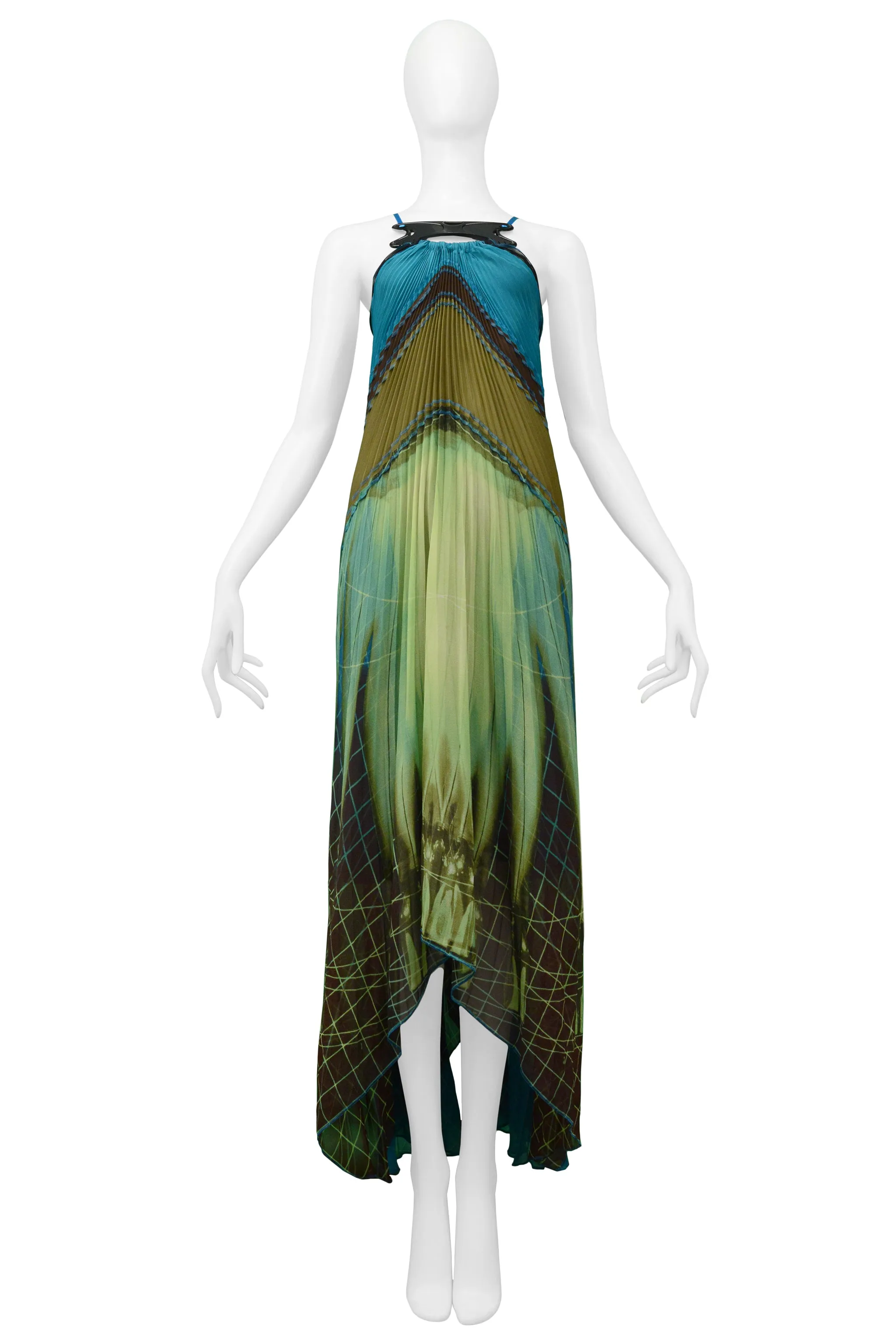 GAULTIER 2005 FUTURISTIC PLEATED HALTER GOWN WITH ACRYLIC COLLAR