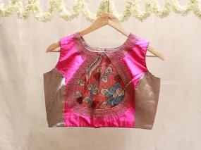 Hot Pink, silk, Kalamkari, Hand embroidery blouse