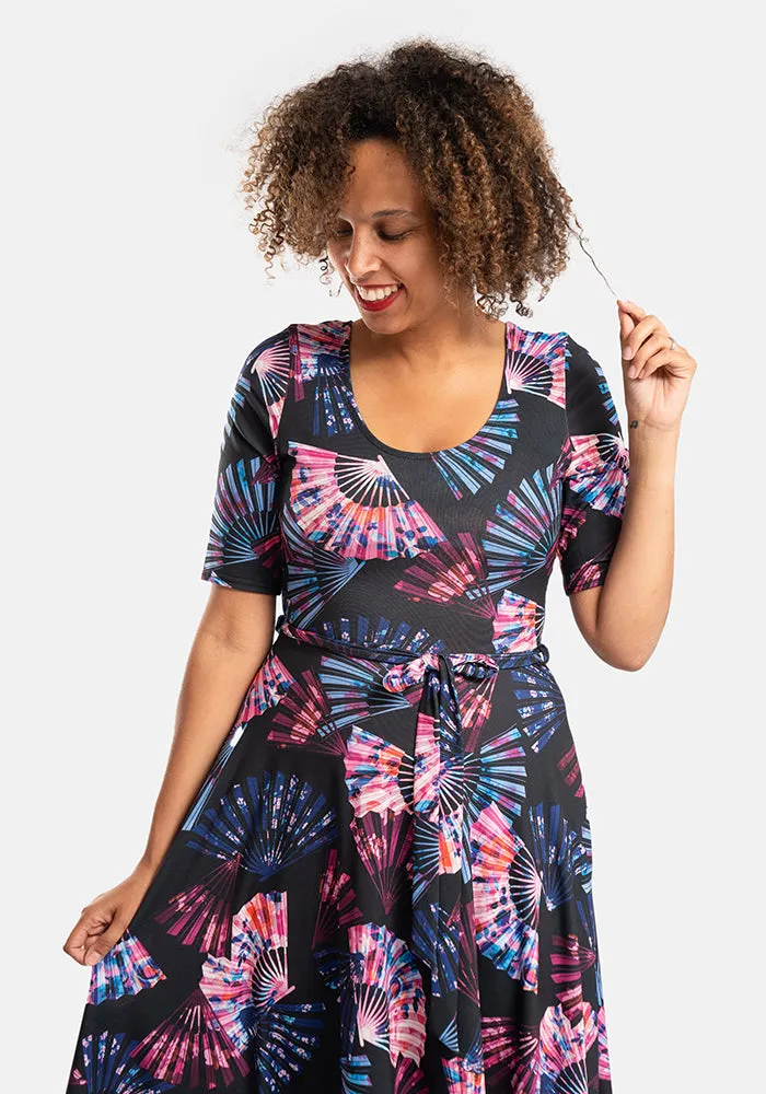 Jana Fan Print Vintage Swing Dress