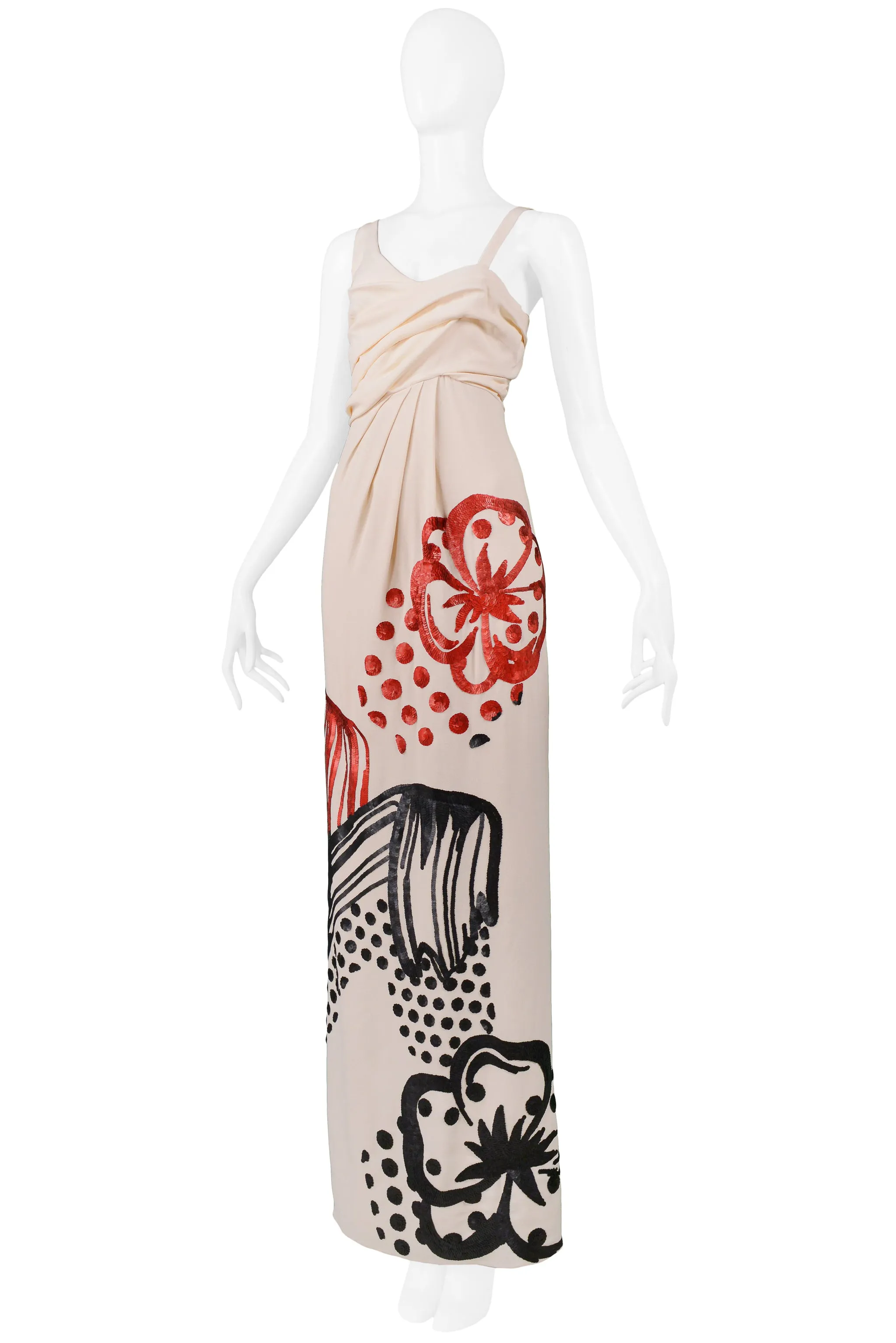 JOHN GALLIANO CREAM GOWN WITH BLACK & RED SEQUINS 2007