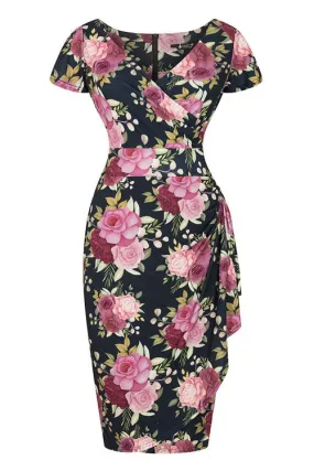 Lady Vintage Elsie Dress in Pink Roses on Navy