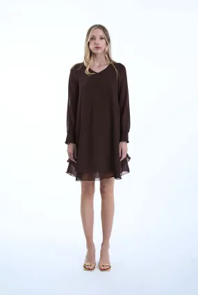 Long Sleeve Brown Wave Hem Dress