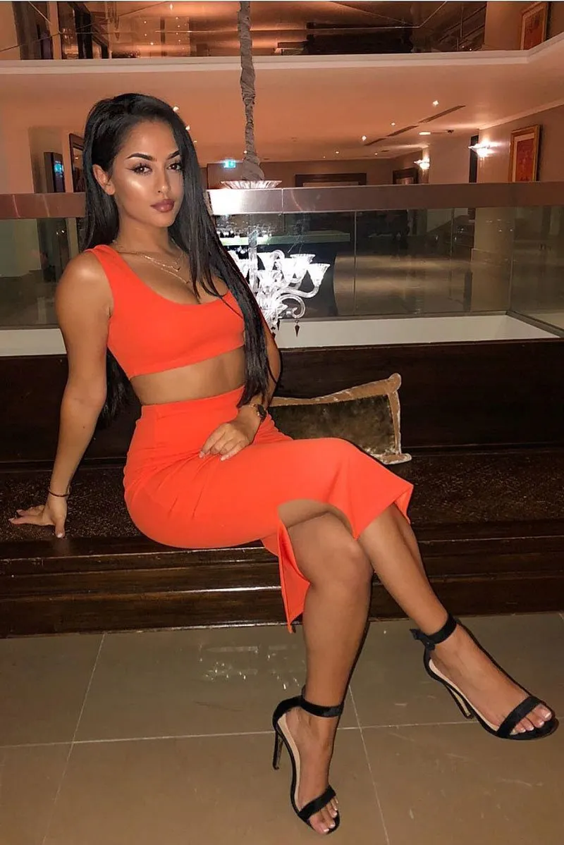 Orange Crop Top And Split Hem Midi Skirt Co-ord - Daley