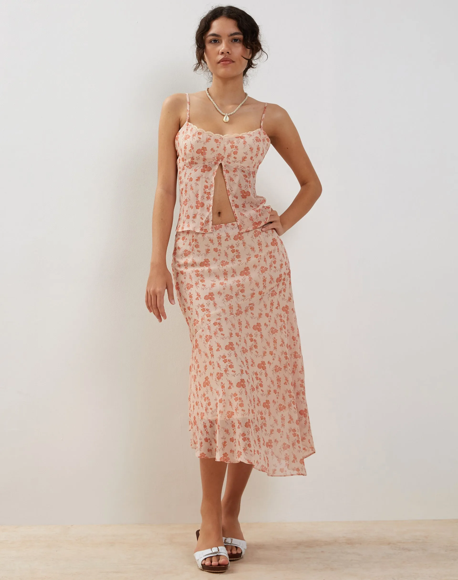 Rans Waterfall Hem Chiffon Midi Skirt in Peach Cherry Blossom