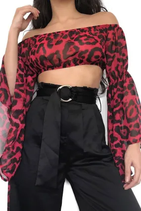 Red Leopard Print Flared Sleeves Sheer Crop Top - Jordan