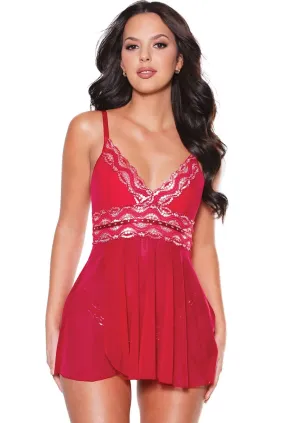 Red Sheer Mesh & Shimmer Lace Babydoll Sleepwear