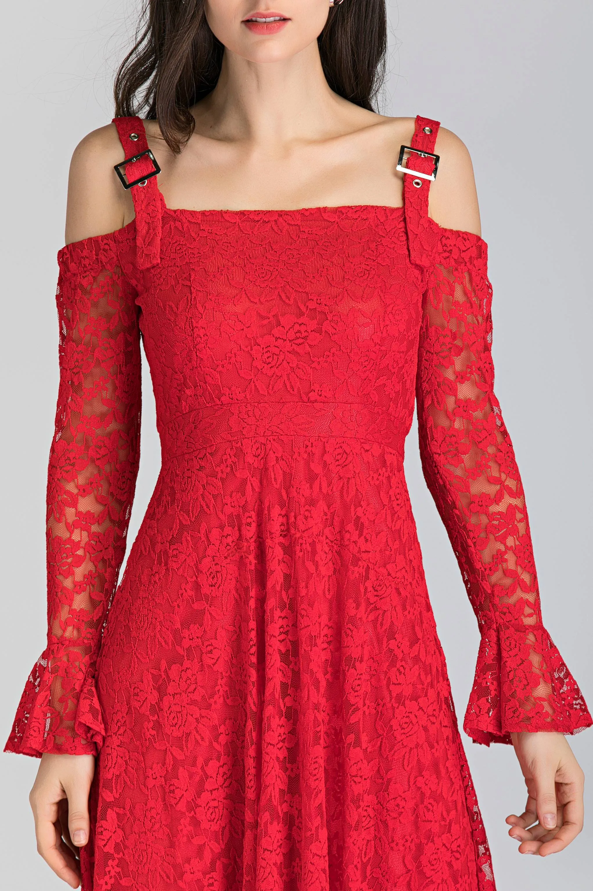 Red Soft Lace Belt Strap Cold Shoulder Maxi Dress