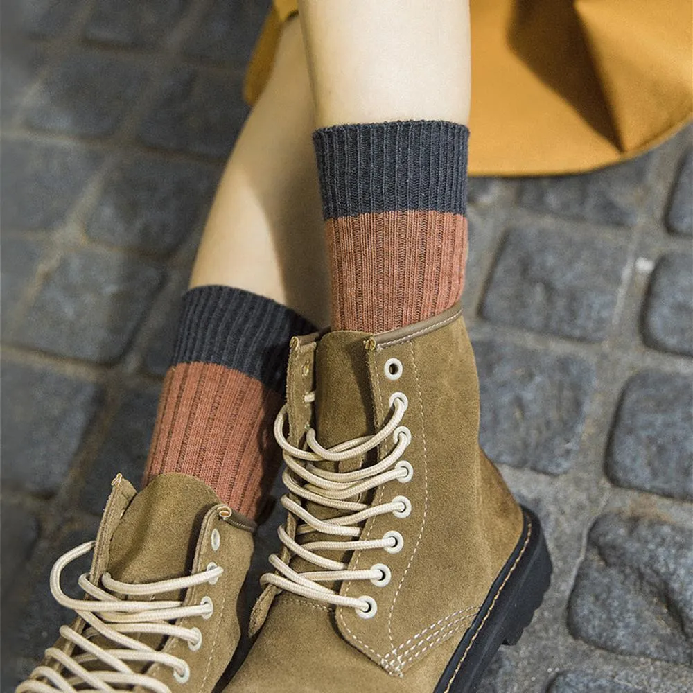 Retro Cotton Stockings Color Blocking Design Mori Girl Loose Socks Calf Length For Fall/Winter 5 Colours