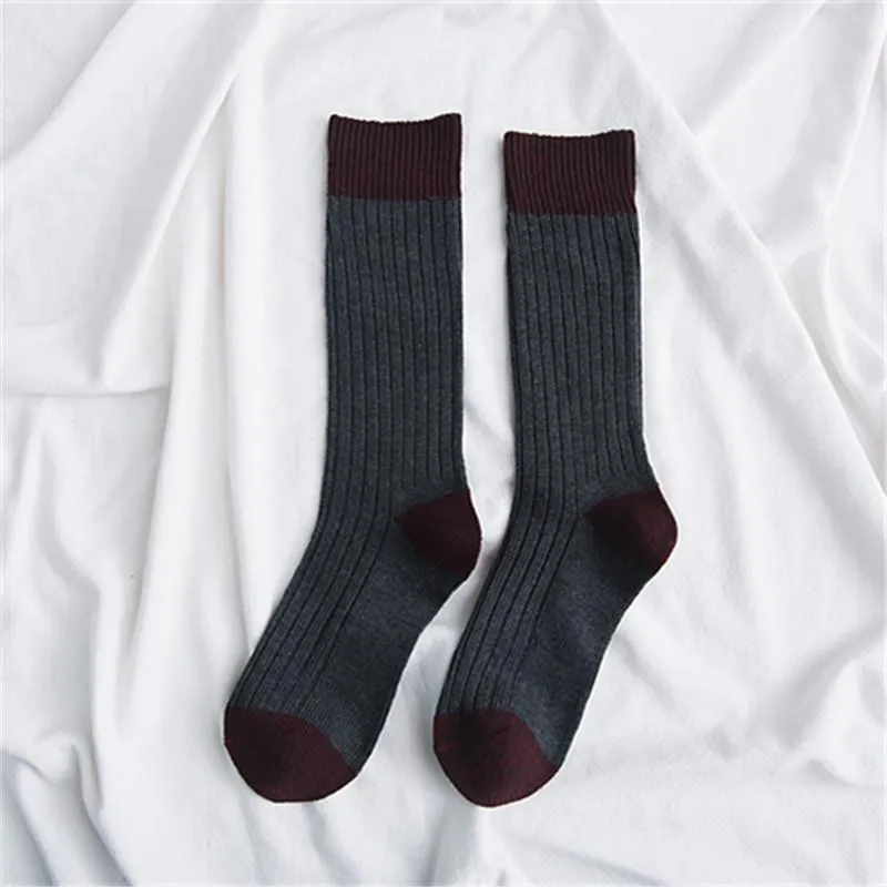 Retro Cotton Stockings Color Blocking Design Mori Girl Loose Socks Calf Length For Fall/Winter 5 Colours