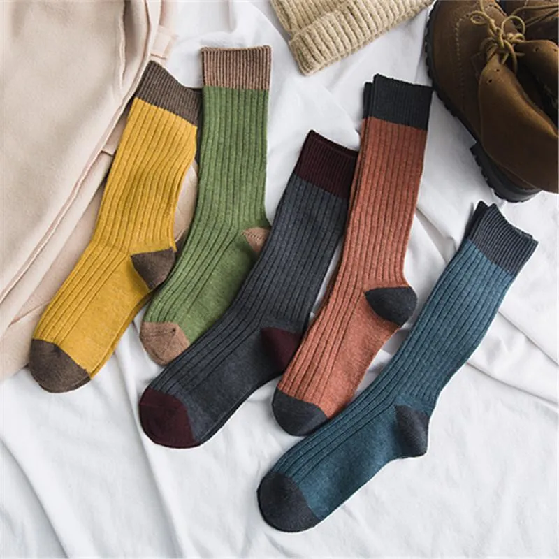 Retro Cotton Stockings Color Blocking Design Mori Girl Loose Socks Calf Length For Fall/Winter 5 Colours